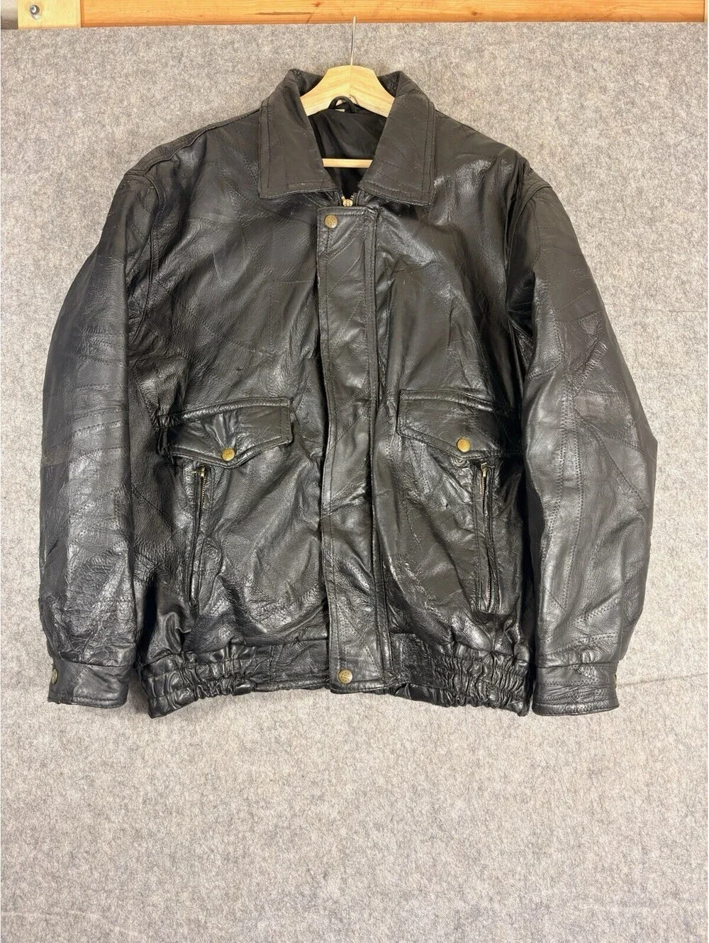 Vintage Leather Bomber Biker Jacket Mens Size Medium Black Mosaic Stitch